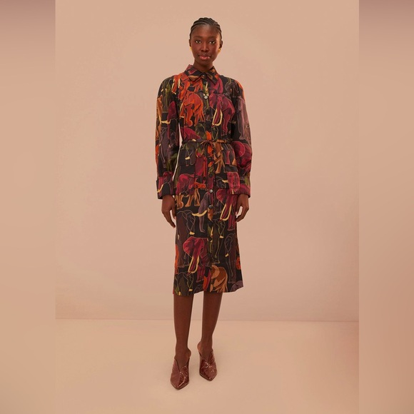 Farm Rio Brown Elephants Long Sleeve Midi Dress - Picture 1 of 10